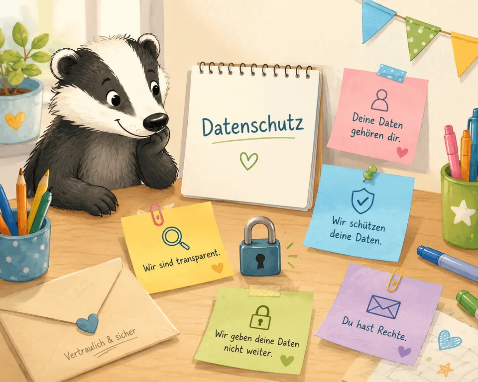 Datenschutz freundlich visualisiert mit Notizen und Symbolen